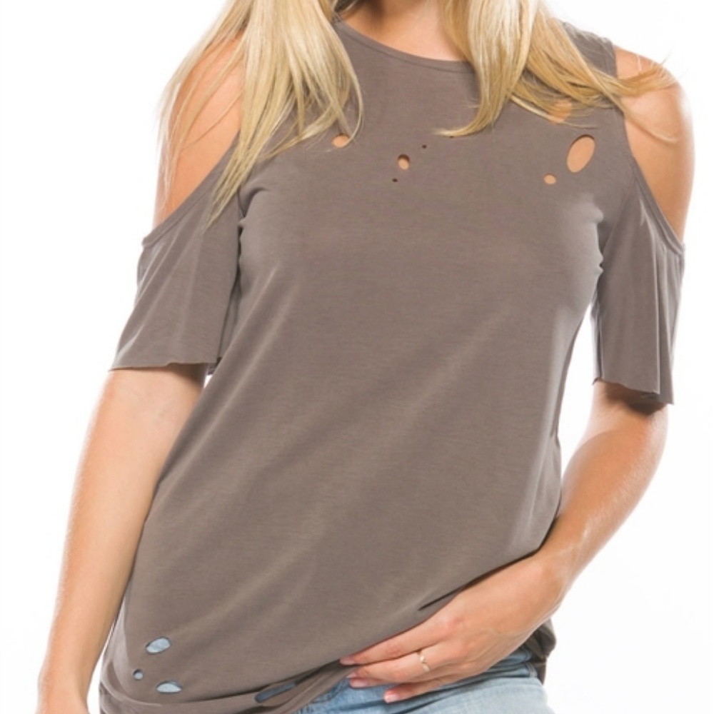 COLD SHOULDER DISTRESSED LIGHT BROWN TEE